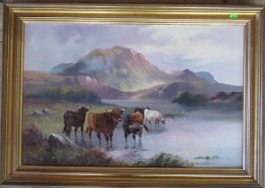 C W Oswald, oil on canvas, Highland landscape with cattle watering, 19ins x 29ins