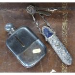 A large silver plated, glass and leather covered hip flask, together with a spectacle case