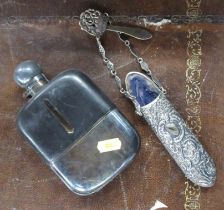 A large silver plated, glass and leather covered hip flask, together with a spectacle case