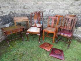 A collection of chairs including Edwardian examples, including 4 leather seats designed by John