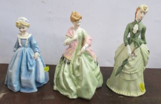 Three Royal Worcester figures, First Dance, Grandmothers Dress and Sunday Morning