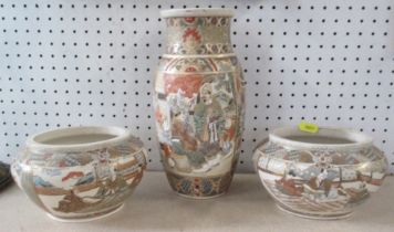 A pair of Satsuma pottery oval vases, decorated with figures, height 4ins, together with a similar