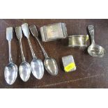 A collection of silver, to include tea spoons, caddy spoon, napkin rings and vesta case, weight 5oz