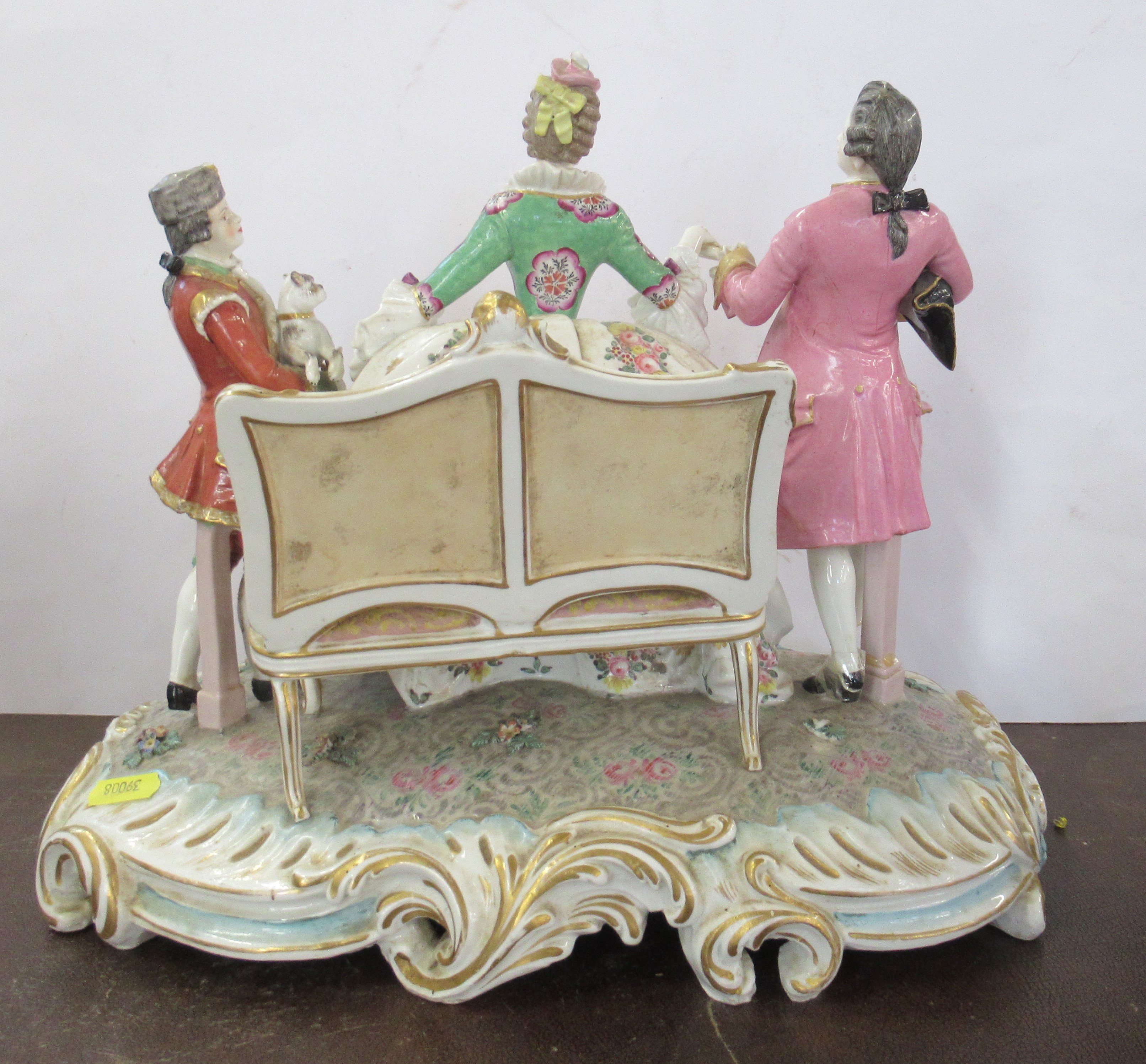 A large continental porcelain figure group, of a woman flanked by two men, one holding a dog, marked - Image 2 of 6