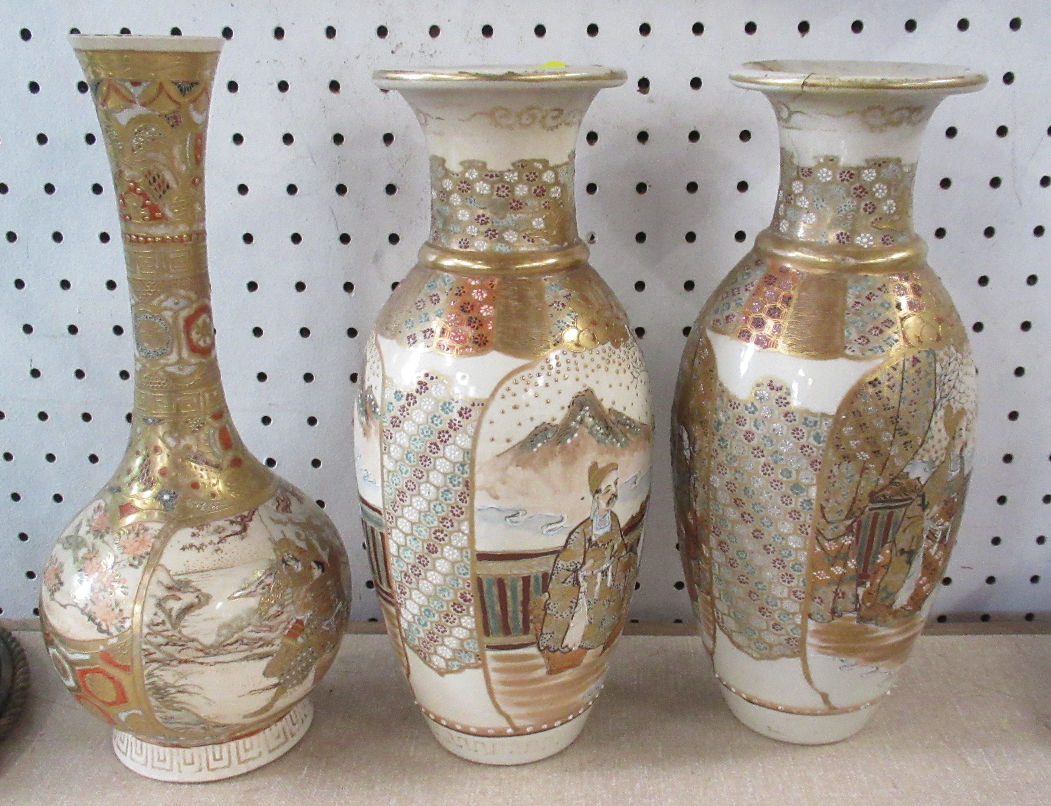 A pair of Satsuma pottery vases, decorated with figures, af, height 9ins, together with another - Image 3 of 5