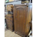 An oak single door wardrobe together with an oak Rackstraw style cabinet and another cabinet