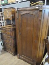 An oak single door wardrobe together with an oak Rackstraw style cabinet and another cabinet