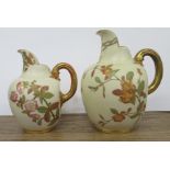 Two Royal Worcester gilt ivory flat back jugs, decorated with shot silk flowers, shape No. 1094,