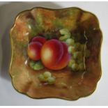 A Royal Worcester shaped square dish, decorated with fruit to a mossy background by Freeman, af,