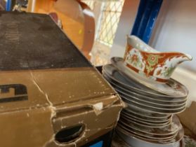 A box of assorted tea ware including egg coddlers et