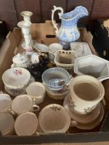 A box of china to include Royal Crown Derby, Worcester etc