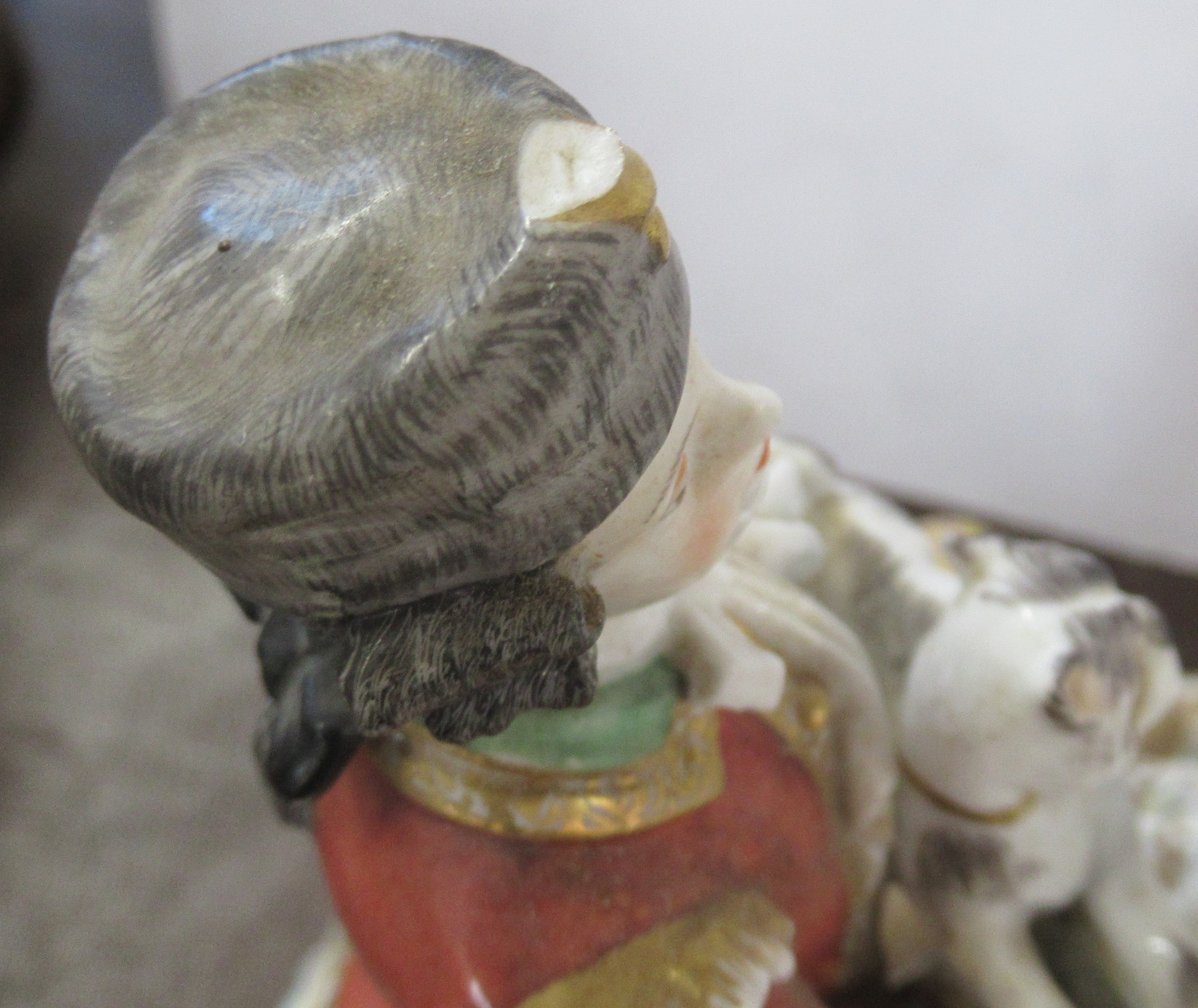 A large continental porcelain figure group, of a woman flanked by two men, one holding a dog, marked - Image 6 of 6