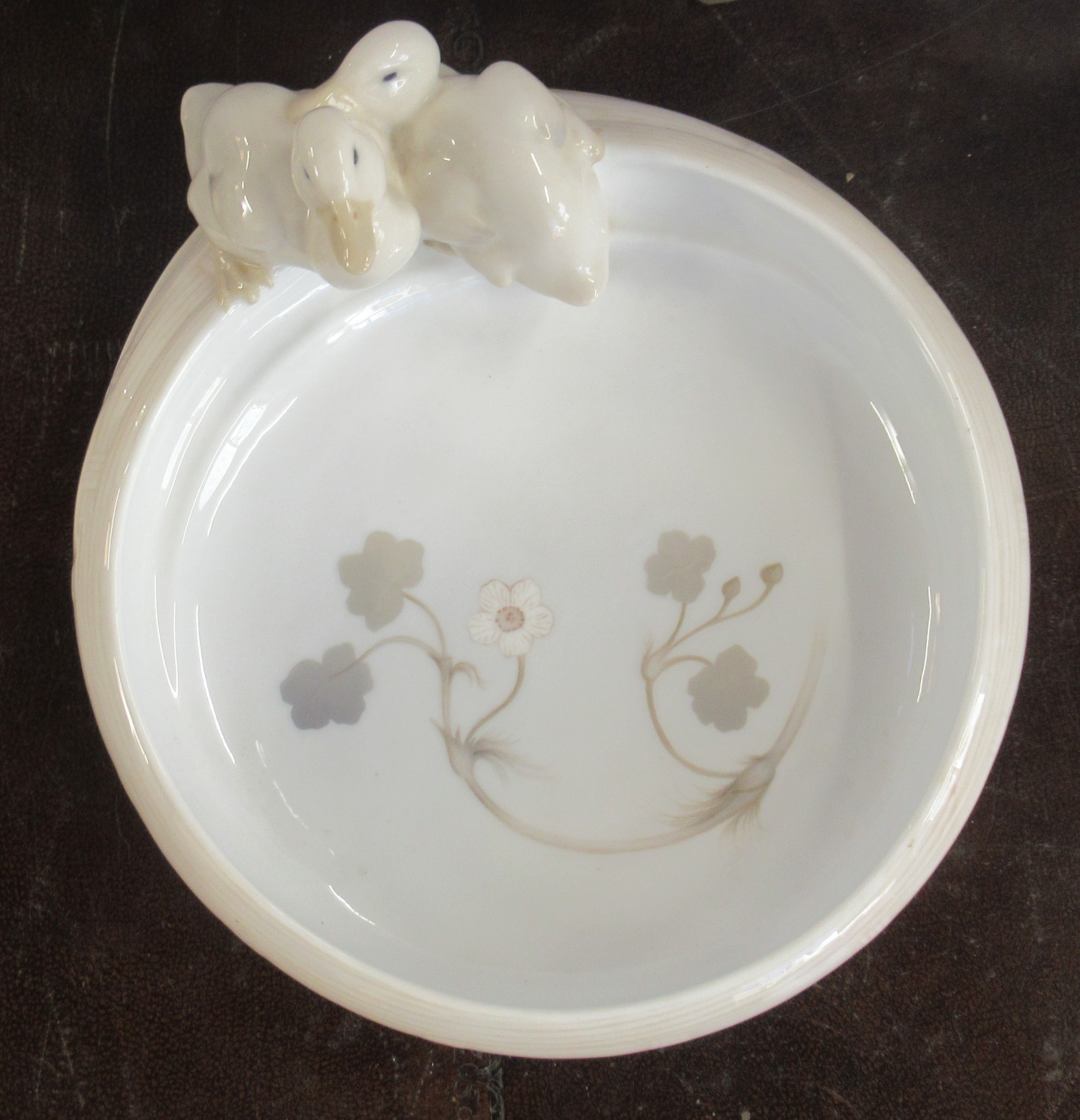 A Royal Copenhagen bowl, decorated with two ducks on the edge, No 358, 10ins wide, made before 1923 - Image 2 of 3