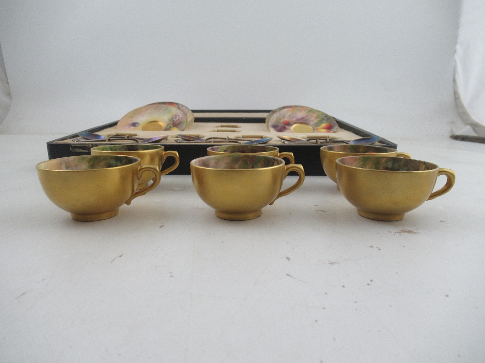 A Royal Worcester cased set of 6 miniature tea cups and saucers decorated with hand painted fruit - Image 12 of 13