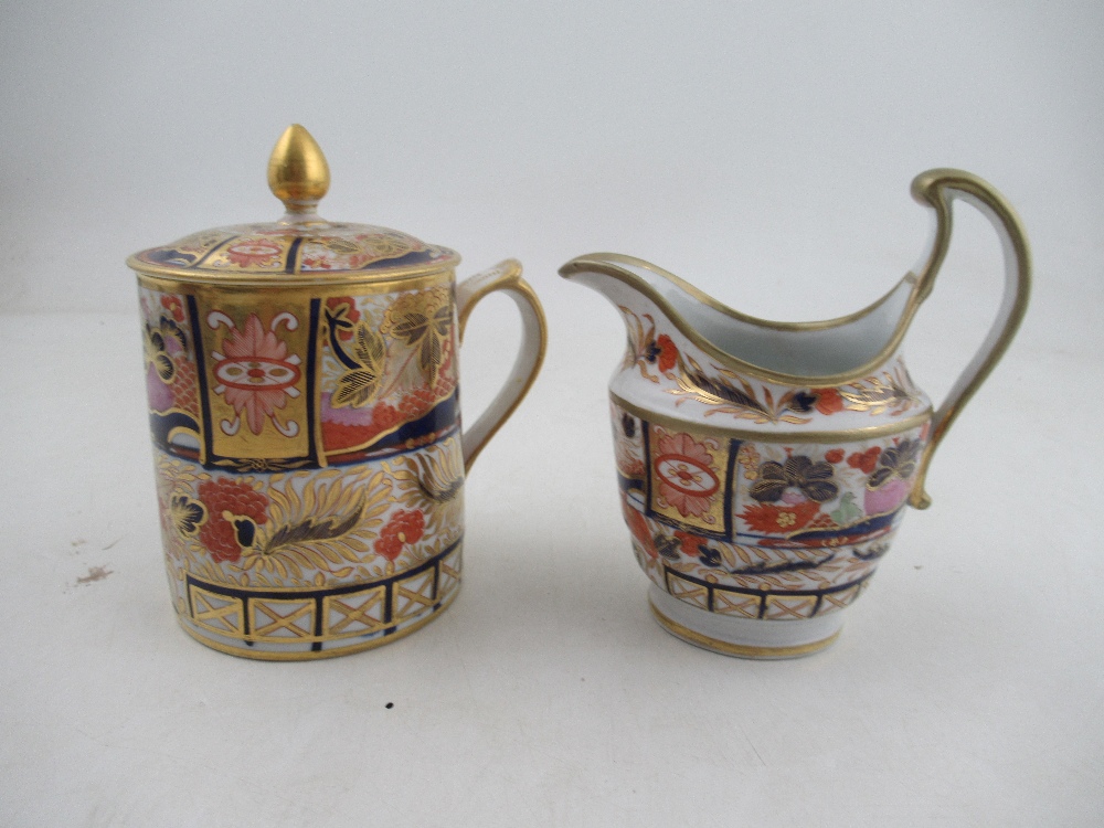 A Chamberlains Worcester tankard with cover and milk jug decorated with an Imari pattern height