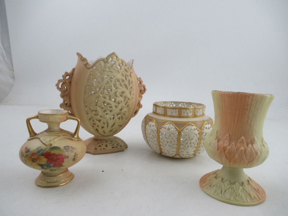 A Royal Worcester blush ivory vase, decorated with flowers, together with three other Worcester