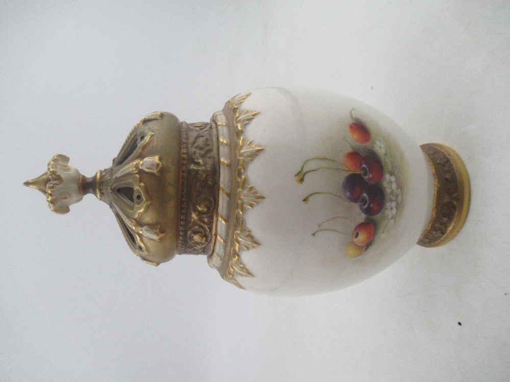 A Royal Worcester crown top pot pourri decorated half round with hand painted fruit by Ricketts, - Image 3 of 9