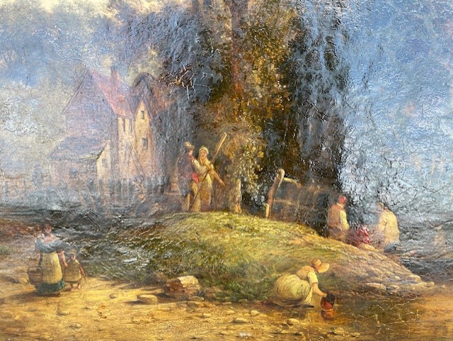 Attributed to Boddington oil on canvas A River Landscape with figures and cattle watering 23ins x - Image 2 of 15