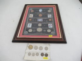 A framed collection of coins and stamps commemorating Queen Elizabeth the Queen Mother, together