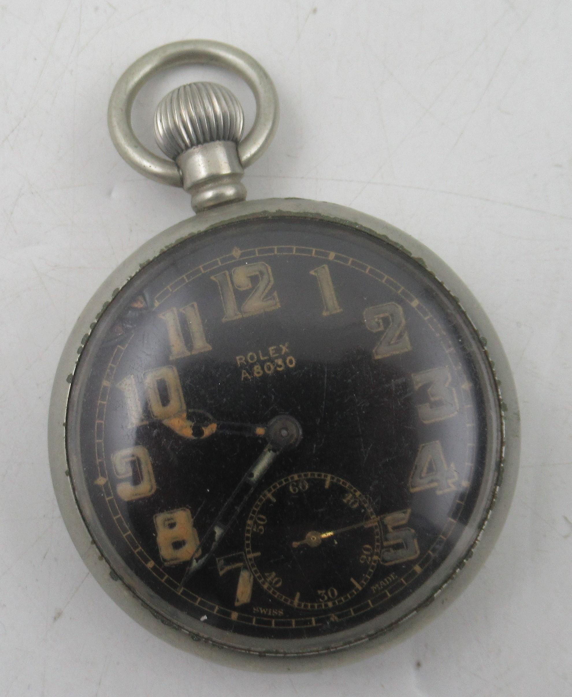 A Rolex military issue open face pocket watch, the black dial numbered A8030, the plated case