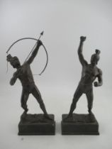A pair of 19th century spelter figures, of Roman Gladiators, on rectangular bases, height 16ins