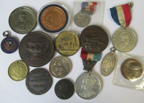 A collection of commemorative medals and tokens, to include The Thompson Metallic Vase, Opening of