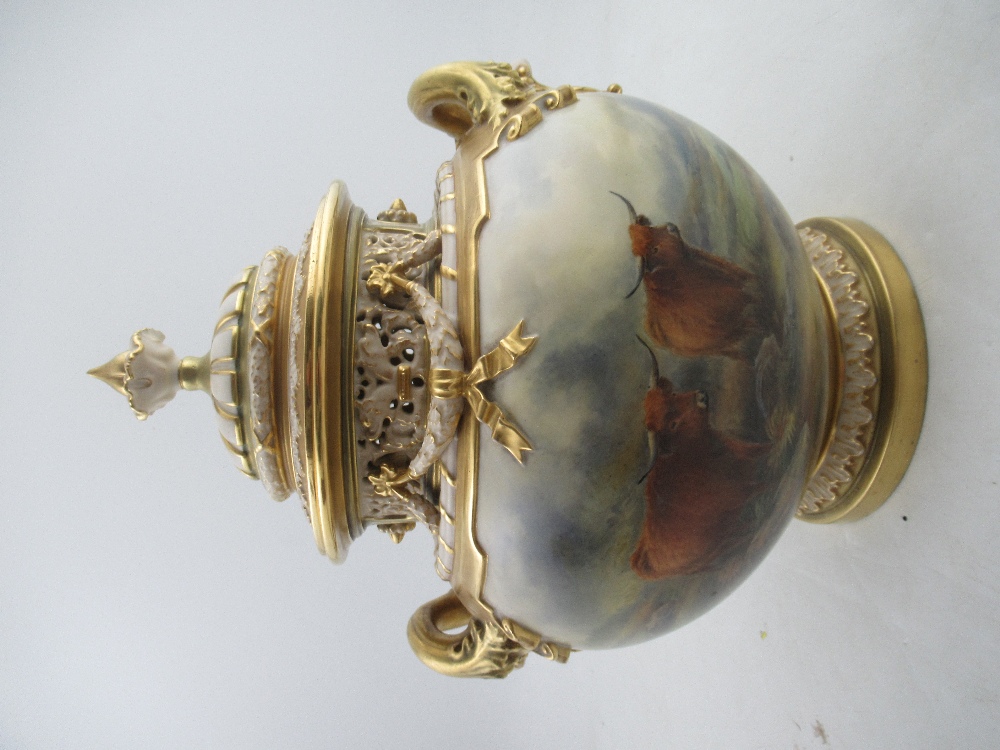 A Royal Worcester covered Bow piece, fully painted with Highland cattle in a landscape by John