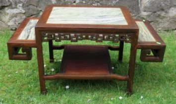 A Chinese hardwood occasional table, with marble insets, width 38ins
