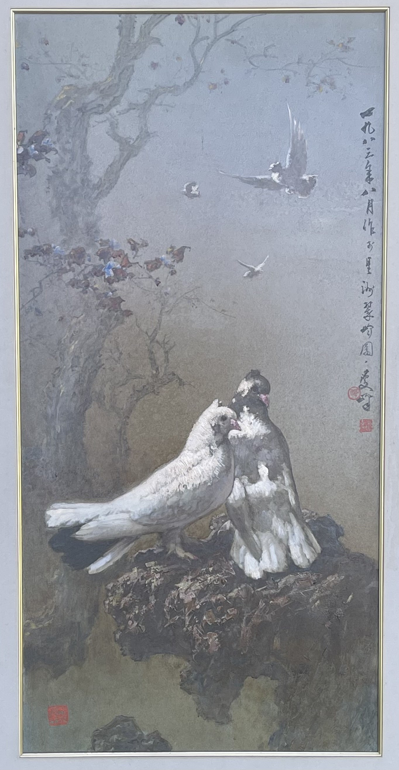 Lee Man Fong, oil, doves in trees, signed with character marks and seal, 40ins x 20ins together with - Image 2 of 8