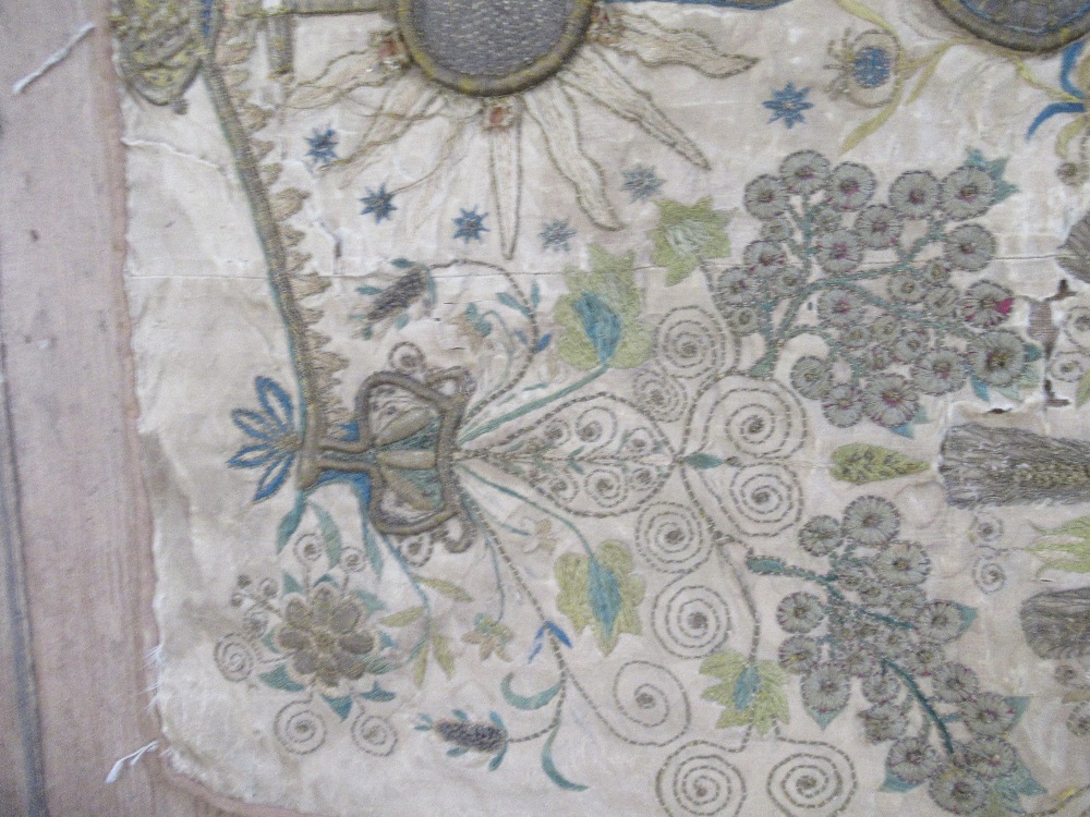 A square antique needlework panel, a central sunburst motif with cross over with further - Image 4 of 6