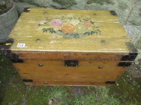 A pine painted box, decorated with flowers, width 27ins