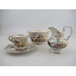 A Chamberlains Worcester tea cup and saucer, slop bowl and milk jug all decorated with the acrobat