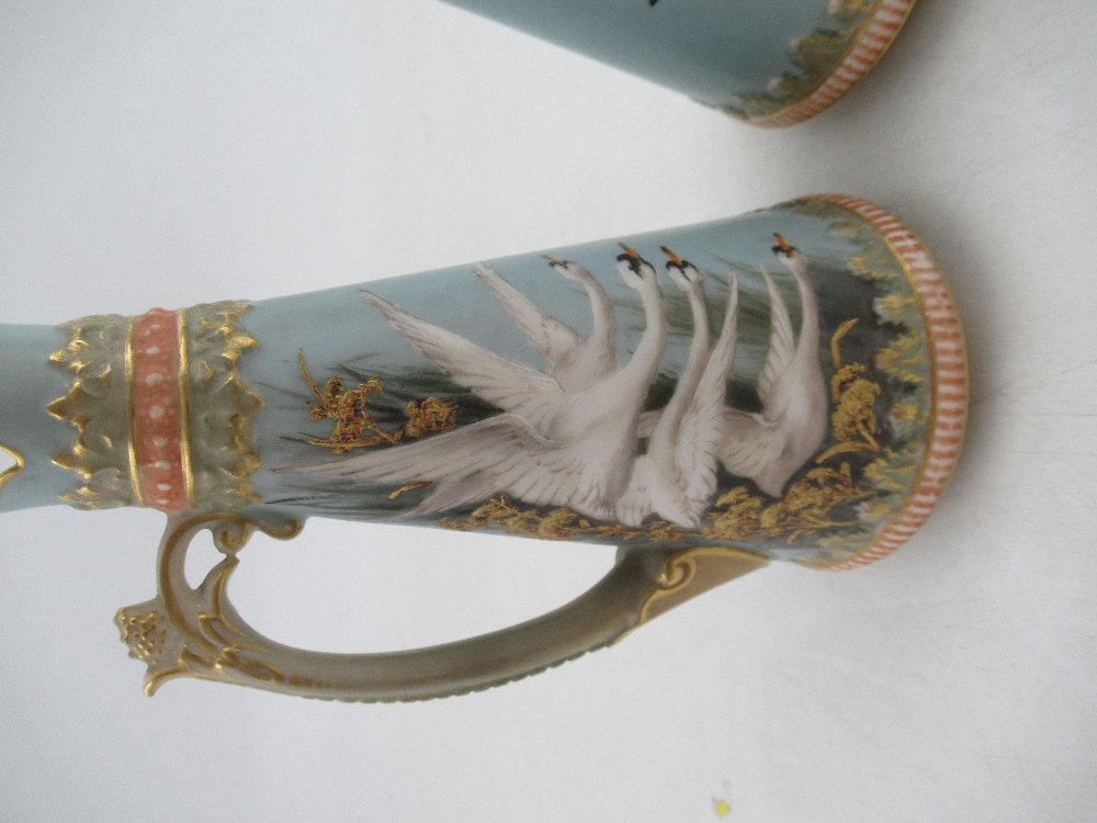 A pair of left and Right Royal Worcester jugs each decorated with four swans on a powder blue ground - Image 2 of 8