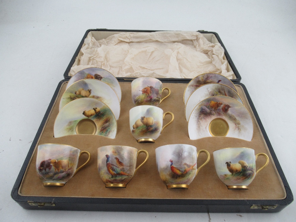 A cased set of 6 Royal Worcester cups and saucers , two decorated with sheep by Barker, 2