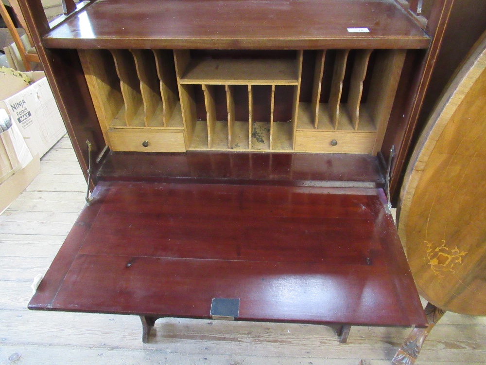 An Edwardian narrow bureau, with cross banded decoration, the drop flap revealing drawers and pigeon - Image 2 of 5