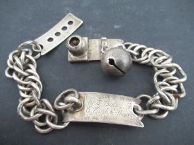 A Barrett & Sons London, a silver cat or dog collar, with curb links and engraved plaque, with bell,
