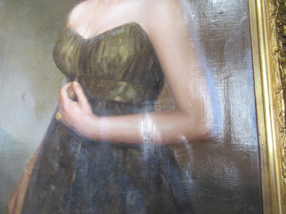 A 20th century English school oil on canvas portrait of a lady wearing a ball gown indistinctly - Image 3 of 5