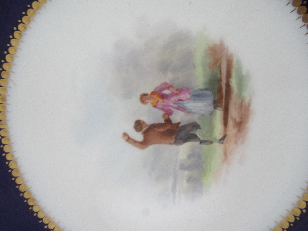 Six Grainger Worcester plates decorated with central panels of figures in a landscape to a deep blue - Image 7 of 9