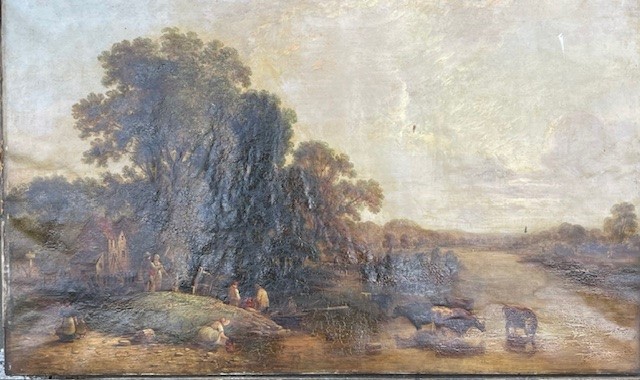 Attributed to Boddington oil on canvas A River Landscape with figures and cattle watering 23ins x - Image 5 of 15