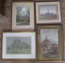 Violet Lindsell, two watercolours, landscapes, together with David Mynett, watercolour, Suffolk Rams