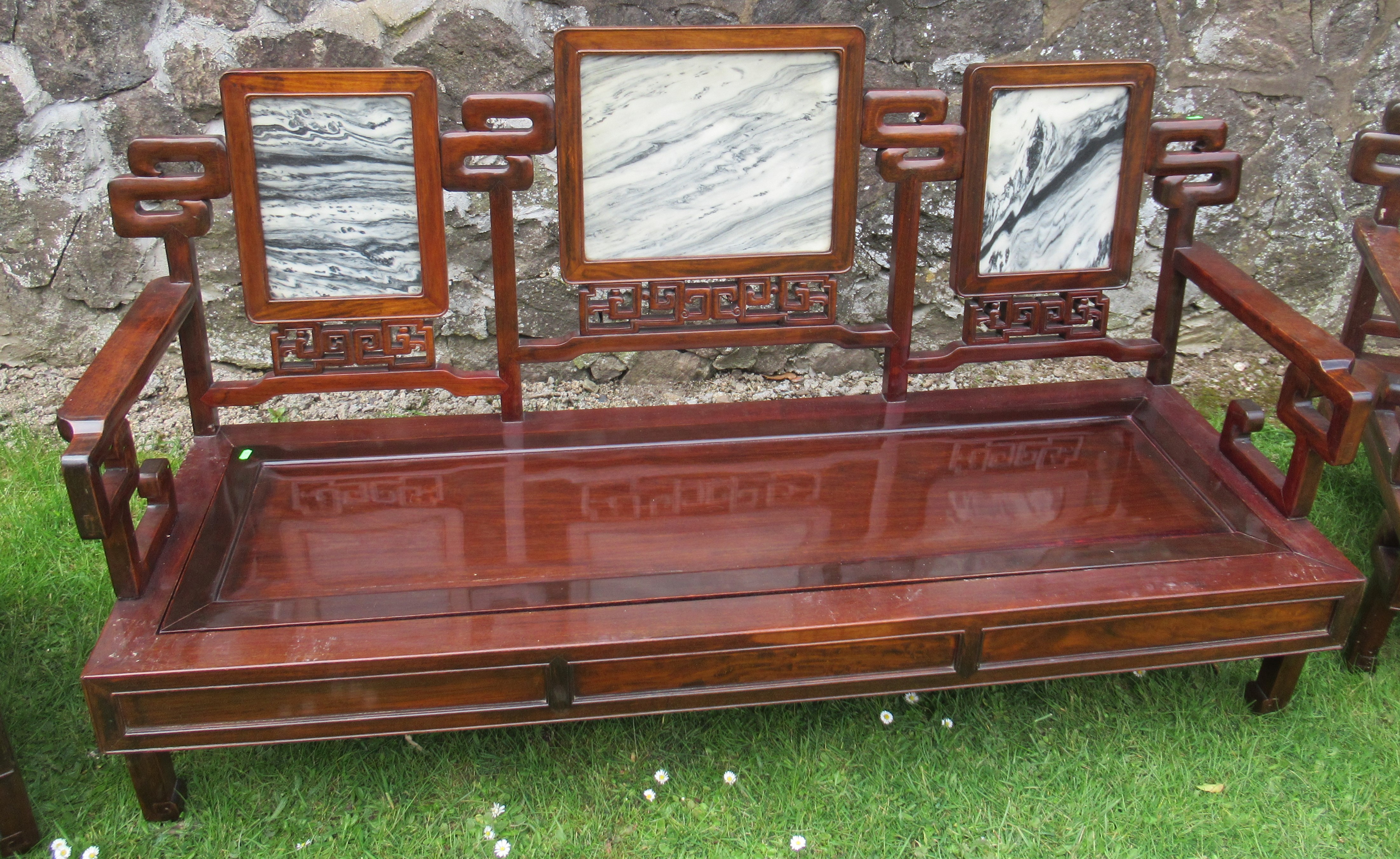 A Chinese hardwood three piece suite, with marble insets, the settee width 69ins - Image 3 of 4