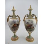 A pair of Royal Worcester covered vases, decorated with Highland Cattle in landscape to the front