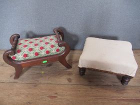 Two 19th century foot stools, one with scroll handles, width 16ins, and 12ins together with