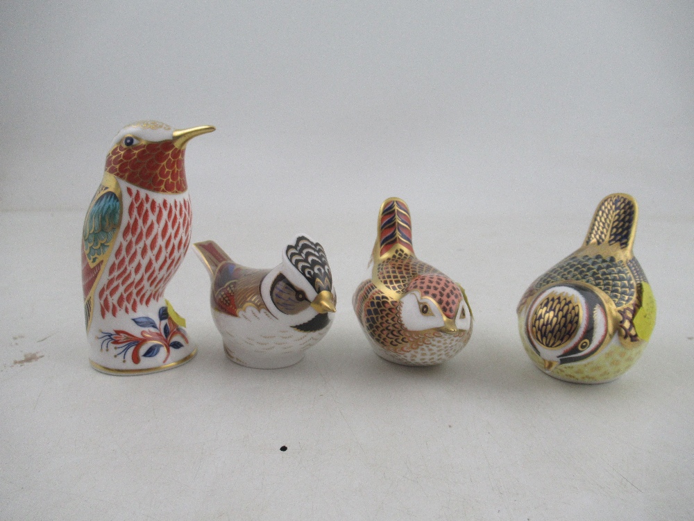 Four Royal Crown Derby paper weights , a Kingfisher and three other birds