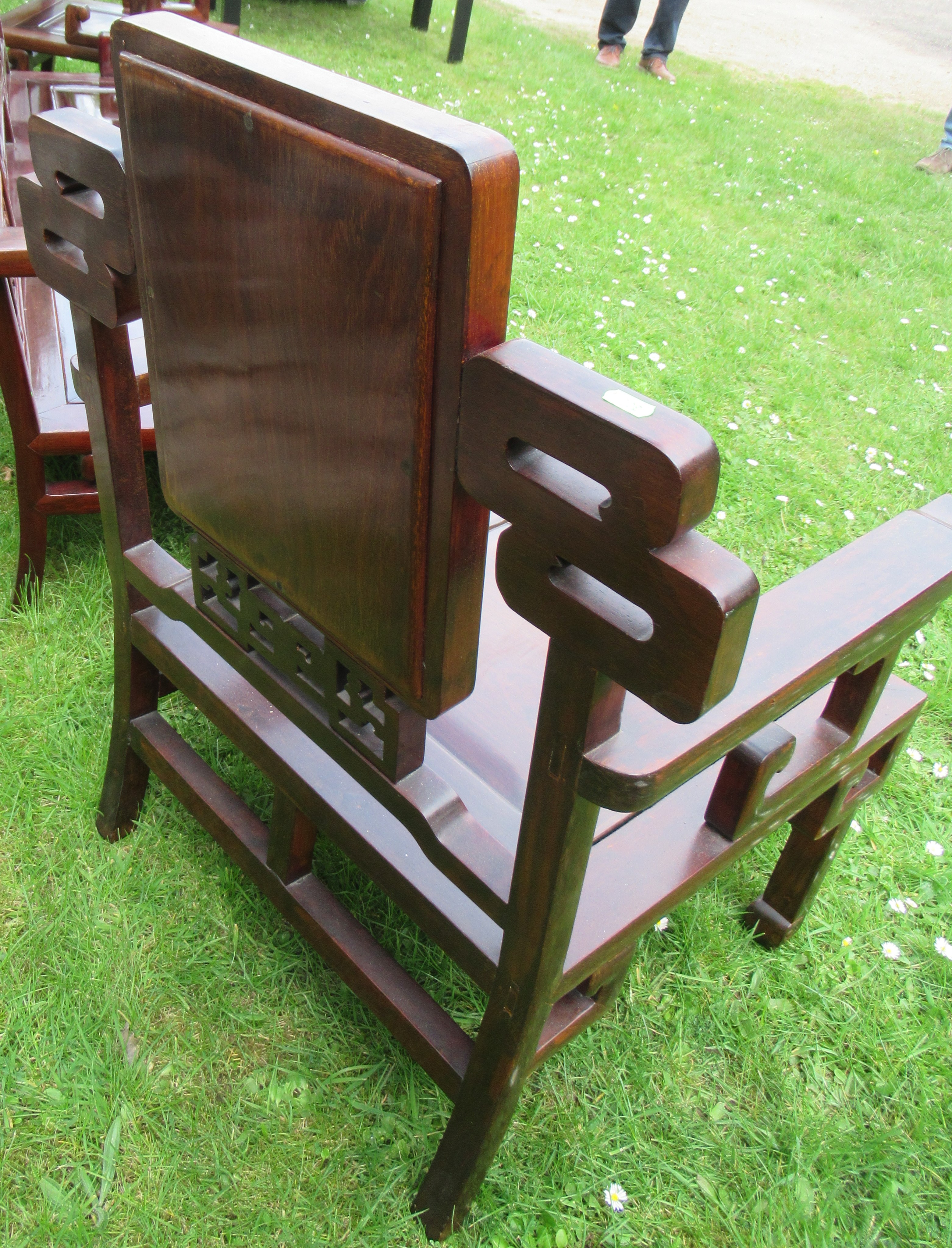 A Chinese hardwood three piece suite, with marble insets, the settee width 69ins - Image 4 of 4