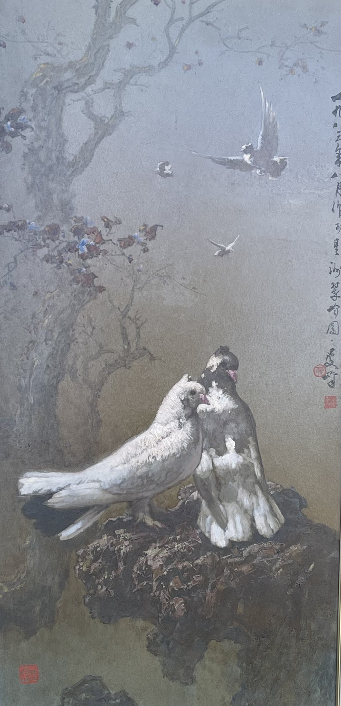 Lee Man Fong, oil, doves in trees, signed with character marks and seal, 40ins x 20ins together with