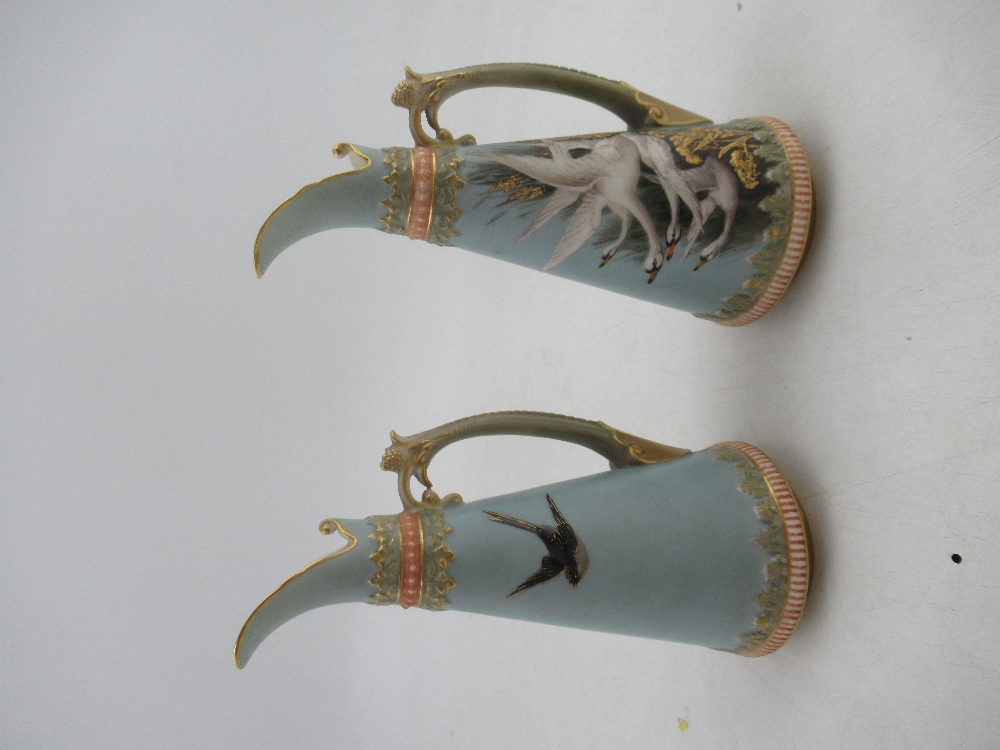 A pair of left and Right Royal Worcester jugs each decorated with four swans on a powder blue ground - Image 3 of 8