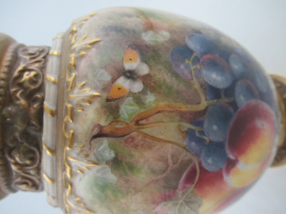 A Royal Worcester crown top pot pourri decorated half round with hand painted fruit by Ricketts, - Image 2 of 9