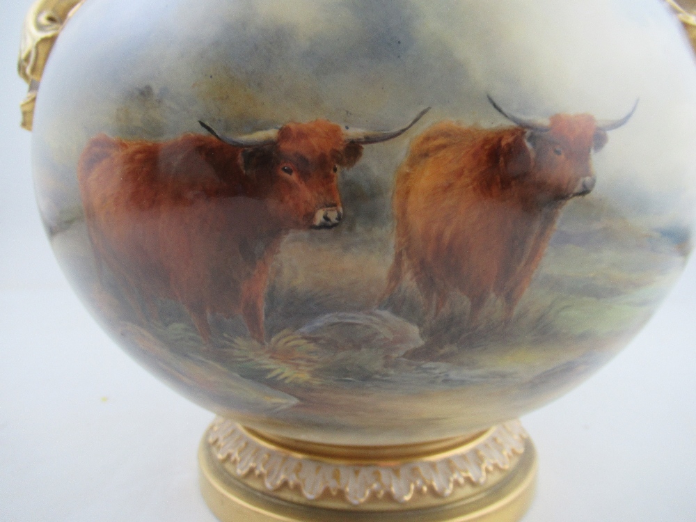 A Royal Worcester covered Bow piece, fully painted with Highland cattle in a landscape by John - Image 2 of 8