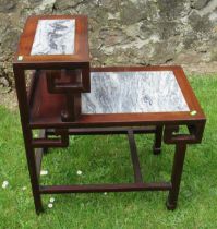 A Chinese hardwood table/plant stand, with marble insets, width 26ins